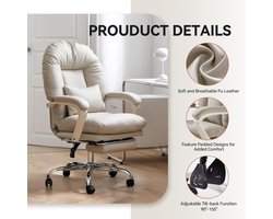 Ergonomische Bureaustoel met Voetensteun – Verstelbare PU-Leren Draaistoel, Comfortabele Middelhoge Rug, Lendensteun Kussen, Moderne Office Chair met Wielen voor Thuis en Werk – Beige – Altameubel