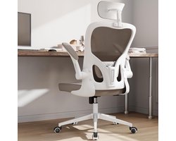 Ergonomische Bureaustoel - Verstelbare Lendensteun En Hoofdsteun - Opklapbare Armleuningen - In Hoogte Verstelbaar - Schommelbare Mesh Rugleuning - Hoge Rug Computerstoel In Taupe Wit Design