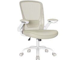 Ergonomische Bureaustoel Wit & Beige - Mesh Rugleuning - Opklapbare Armleuningen - Thuiswerkplek Stoel - Draaibaar & Verstelbaar - 120 kg