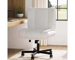 Ergonomische Bureaustoel zonder Armleuningen - Verstelbare Draaistoel - wit PU-Leder - Voor Kantoor, Home Office & Kaptafel - Max. 110 kg
