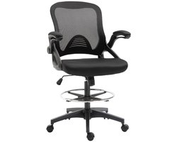 Ergonomische Bureaustoel Zwart, 64x60x106-126 cm, Met Hoogteverstelling, Sta-functie, Verstelbare Voetensteun, Draaibare Zitting, Opklapbare Armleuningen, Stalen Frame en Gevoerde Zitting, Moderne Schrijfstoel voor Kantoor en Thuisgebruik