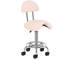 Ergonomische Cosmetische Zadelkruk met Rugleuning 6001 – Kapperskruk in Hoogte Verstelbaar – Werkkruk voor Salon, Pedicure en Nagelstudio – Roze met Zilver Onderstel