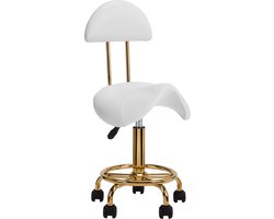Ergonomische Cosmetische Zadelkruk – Met Rugleuning – Verstelbaar 49–62 cm – Wit Ecoleer – Gouden Onderstel – Kapperskruk / Werkstoel
