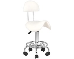 Ergonomische Cosmetische Zadelkruk – Met Rugleuning – Verstelbaar 49–62 cm – Wit Ecoleer – Zilverkleurig Onderstel – Kapperskruk / Werkstoel