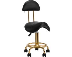 Ergonomische Cosmetische Zadelkruk – Met Rugleuning – Verstelbaar (49–62 cm) – Zwart Ecoleer – Gouden Onderstel – Kapperskruk / Werkstoel