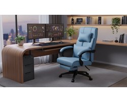 Ergonomische Directiestoel Casa Velluto Executive Comfort – Blauwe Bureaustoel met Hoofdsteun, Verstelbare Lendensteun, Voetsteun en Draaifunctie – Ergonomische Bureaustoel voor Thuis en Kantoor, 150 kg Belastbaar