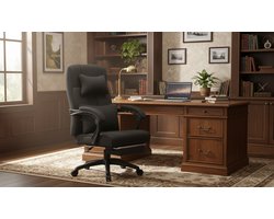 Ergonomische Directiestoel Casa Velluto Executive Comfort XL – Bureaustoel met Verstelbare Hoofdsteun, Lendensteun en Voetsteun – Draaibare Computerstoel met Hoge Rugleuning, Techno-Stof Bekleding – Zwart – Luxe Kantoorstoel