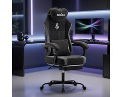 Ergonomische Gaming Bureaustoel met Voetensteun, Hoofdsteun & Lendenkussen – Comfortabele Gamer Stoel van Hoogwaardige Ademende Stof – Verstelbare Draaibare Bureaustoel tot 150 kg – Zwart – Mobili Bella