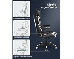 Ergonomische Gaming Bureaustoel – Verstelbare Hoofdsteun & Armleuningen – Kantelfunctie – Automatische Remwielen – Draaibare Directiestoel van PU Leer – Comfortabele Kantoorstoel tot 150 kg – Zwart-Wit Design – Ganeey