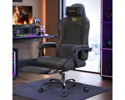 Ergonomische Gaming Stoel met Voetsteun & Veren Zitkussen – Luxe Bureaustoel voor Gamer & Kantoor – Verstelbare Rugleuning (90°–135°), Lenden- & Hoofdkussen – Draaibare Stoel van Synthetisch Leer – Zwart – Ganeey