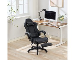 Ergonomische gamingstoel met 360°-draaifunctie – Kantoorstoel met hoge rugleuning en lederen bekleding – Verstelbare werkstoel – Met voetensteun, hoofdsteun en lendensteun – Geschikt voor kantoor en gaming – Zwart