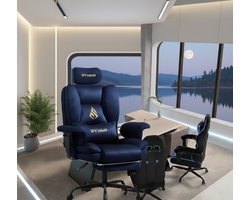 Ergonomische Gamingstoel met Voetensteun & Pocketvering – Verstelbaar 90°-155° – Luxe Imitatie Suède Donkerblauw – Directiestoel met Hoofdsteun & Klasse 3 Gaslift – 130 kg Belastbaar – MedaHomeStore