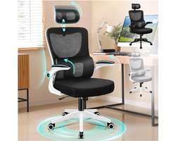 Ergonomische Hoge Rug Bureaustoel – Verstelbare Hoofdsteun En Rugsteun – Dikke Schuim Zitting – Inklapbare Armleuningen – 360° Draaibaar – Draagkracht 180 Kg – Zwart-Wit