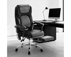 Ergonomische Leren Executive Bureaustoel met 6-Punts Massage, 3-standen Verwarming, In Hoogte Verstelbaar, Verstelbare Rugleuning en Uitschuifbare Voetensteun – Luxe Directiestoel voor Kantoor & Thuiskantoor, Zwart