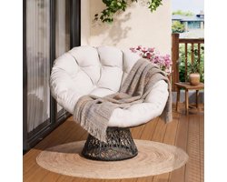 Ergonomische Papasan Stoel met Dik Kussen - 360° Draaibare Loungestoel - Rotan Look Relaxstoel voor Woonkamer & Slaapkamer - beige