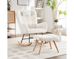 Ergonomische witte schommelstoel van 92 cm hoog, zitbreedte 65 cm - inclusief 1 kussen en 1 voetenbankje (49 x 38 x 38 cm), stevige rubberen basis, maximale draagkracht van 250 pond, schommelstoel, relaxstoel