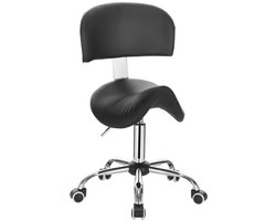 Ergonomische Zadelkruk Diva - Met Rugleuning - Kapperkruk - In Hoogte Verstelbaar - Op Wieltjes - Bureaustoel, Kruk, Werkkruk - Leer - Zwart
