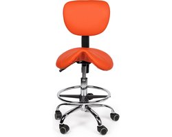 Ergonomische zadelkruk laag model in de kleur oranje met voetenring (40 cm doorsnede) en rugleuning.