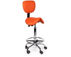 Ergonomische Zadelkruk Oranje met Rugleuning – Verstelbare Zadelstoel met Wielen – Comfortabele Werkkruk voor Salon, Kappers & Thuis - Zithoogte 70-84cm - met Voetsteun