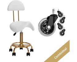 Ergonomische Zadelkruk Wit Goud met Rugleuning + Rubberen Stoelwielen 11 mm – Verstelbaar 49–62 cm – Professionele Kapperskruk / Salon Werkstoel – Hygiënisch Ecoleer – Trendmix Combideal