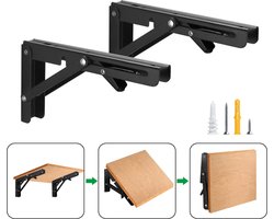 &ERGY - Inklapbare Plankdrager – 20 cm - tot 50 KG - 2 stuks - Zwart - Klaptafel Wandmontage - Plankdragers metaal – Plankdragers met schroef – Schapdrager – klapbare tafel - Wandplank industrieel – Inklapbaar bureau