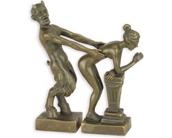 Erotisch bronzen beeld ‘Sater & Vrouw’ – Beeldengroep – erotische kunst, mythologische sculptuur - brons – luxe klassieke afwerking – decoratief cadeau - 10,5 cm hoog / bronskleur