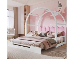 Erweiterbares Gewölbtes Dachbett - 140x100cm & 140x200cm - Schiebebett - Kinderbett - Tagesbett - Doppelbett - Samtkissen - Rahmen aus Kiefernholz - Weiß + Rosa