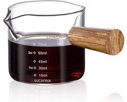Espresso Measuring Cup met Houten Handvat - 75ml - Dubbele Tuit Glazen Espresso Koffiekop - Dubbele Schaal - Drievoudige Melkkruik - Duidelijke Glazen Espresso Accessoires voor Thuis, Kantoor en Café