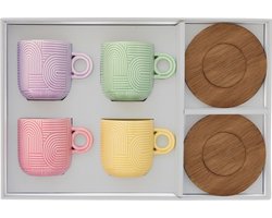EspressoKoffiekopjes - set van 4- porselein - 11cl - 4 schotels acaciahout - geschenkdoos