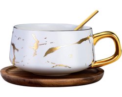 Espressokopjes, 300 ml cappuccinokopjes, marmer, marmer, koffiekop met schoteltje, porselein, 1 kopje, 1 schoteltje, 1 lepel, wit