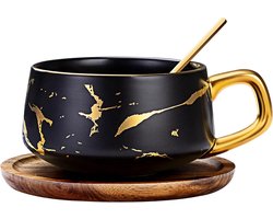Espressokopjes, 300 ml cappuccinokopjes, marmer, marmer, koffiemok met schotel, porselein, 1 kopje, 1 schotel, 1 lepel, zwart