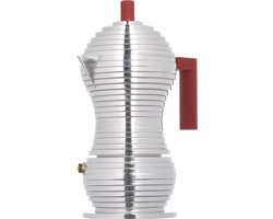 espressomachine - gegoten aluminium. Handgreep en knop van PA, rood. 3 kopjes