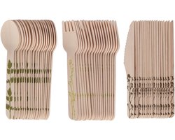 Esschert Design bestek set - hout - 240x - mes/lepel/vork - kruidenopdruk - BBQ/verjaardag/camping