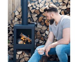 Esschert Design - Buitenkachel met houtopslag zwart - terraskachel - tuinhaard