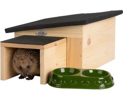 Esschert Design Egelhuis + Voeder- en drinkschaal – 2-delige Set voor egels – Houten schuilplek + voerbakje – weerbestendig