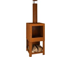 Esschert Design Fancy Flames Buitenkachel met houtopslag roestdesign - Vuurhaard - Staal - Bruin 133,7 x 38,4 x 38,4 cm