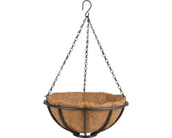 Esschert Design Metalen hanging basket / plantenbak met ketting - D30 cm - zwart - hangende bloemen - inclusief kokosinlegvel