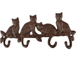 Esschert Design Wandkapstok Kat - gietijzer - kapstok wandrekje - 4-haaks - 29 cm - bruin - poes