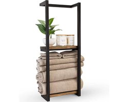 Essentials - Handdoekrek met 2 lagen en houten plank - Wandmontage met boren - Ruimtebesparend voor kleine badkamer - Zwart
