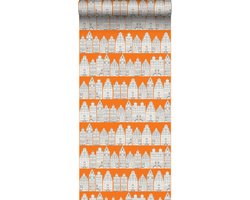 ESTAhome behang Amsterdamse huizen oranje en wit - 115874 - 53 cm x 10,05 m