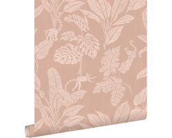 ESTAhome behang apen en jungle bladeren terracotta roze - 50 x 900 cm - 139861