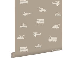 ESTAhome behang auto's, brandweerauto's, helikopters en kranen taupe - 53 cm x 10.05 m - 131399
