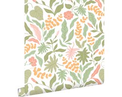 ESTAhome behang bladeren en bloemen groen, roze en oranje - 50 x 900 cm - 131048