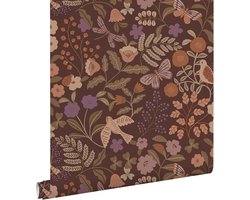 ESTAhome behang bloemen en vogels bruin, groen, terracotta en paars - 53 cm x 10.05 m - 131467