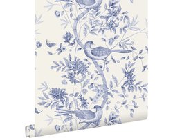 ESTAhome behang bloemen en vogels delfts blauw - 50 x 900 cm - 132115