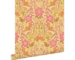 ESTAhome behang bloemen en vogels in art nouveau stijl geel en fuchsia roze - 50 x 900 cm - 131728