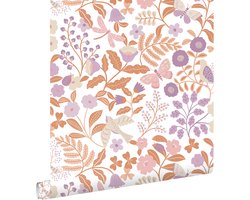ESTAhome behang bloemen en vogels lila paars en terracotta - 53 cm x 10.05 m - 131392