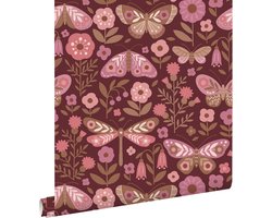 ESTAhome behang bloemen & vlinders donker paars en roze - 50 x 900 cm - 131882