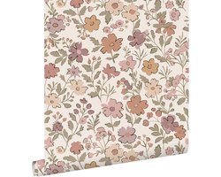 ESTAhome behang bloemetjes mauve paars, vergrijsd groen en terracotta - 53 cm x 10.05 m - 131328