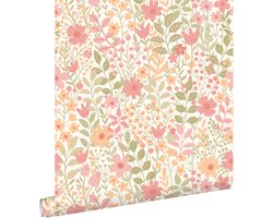 ESTAhome behang bloemetjes roze, groen en oranje - 50 x 900 cm - 131939